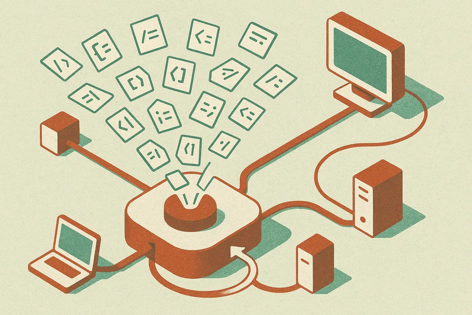 a central switching hub receiving many small differently shaped code fragments and sending them toward a few small nearb