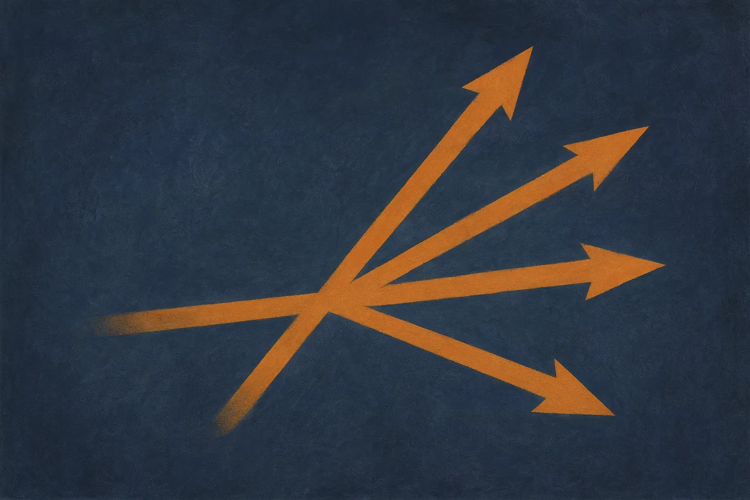 six distinct arrows fanning out from a shared center point, none overlapping but all leaning slightly the same way