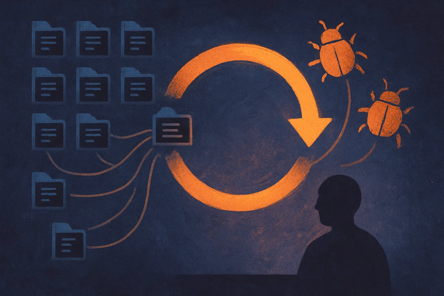 many small code repositories flowing into a glowing review loop, with a few bug-shaped fragments routed toward human rev