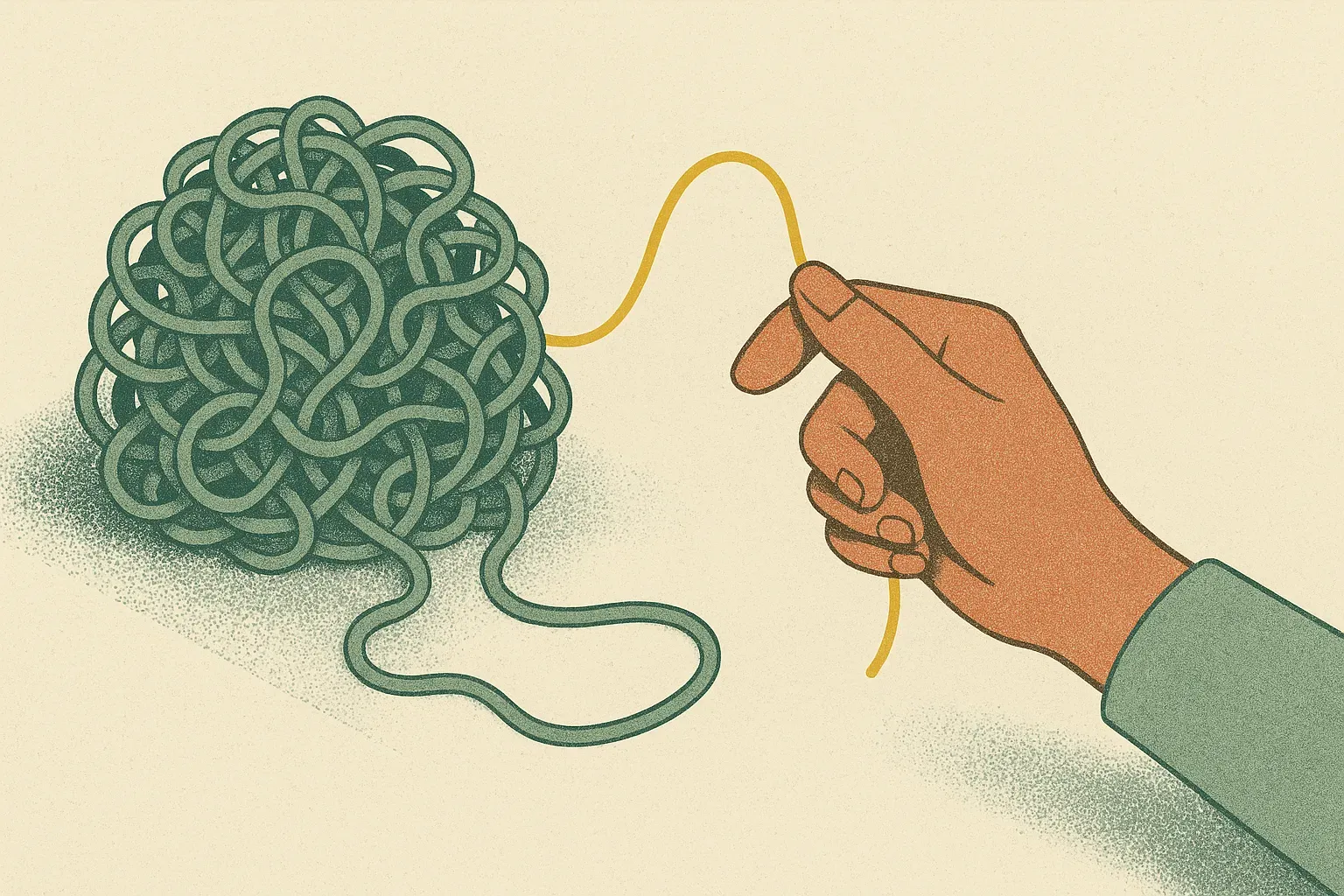 a single bright thread found and pulled from a dense tangle, but the hand holding it looking away from it
