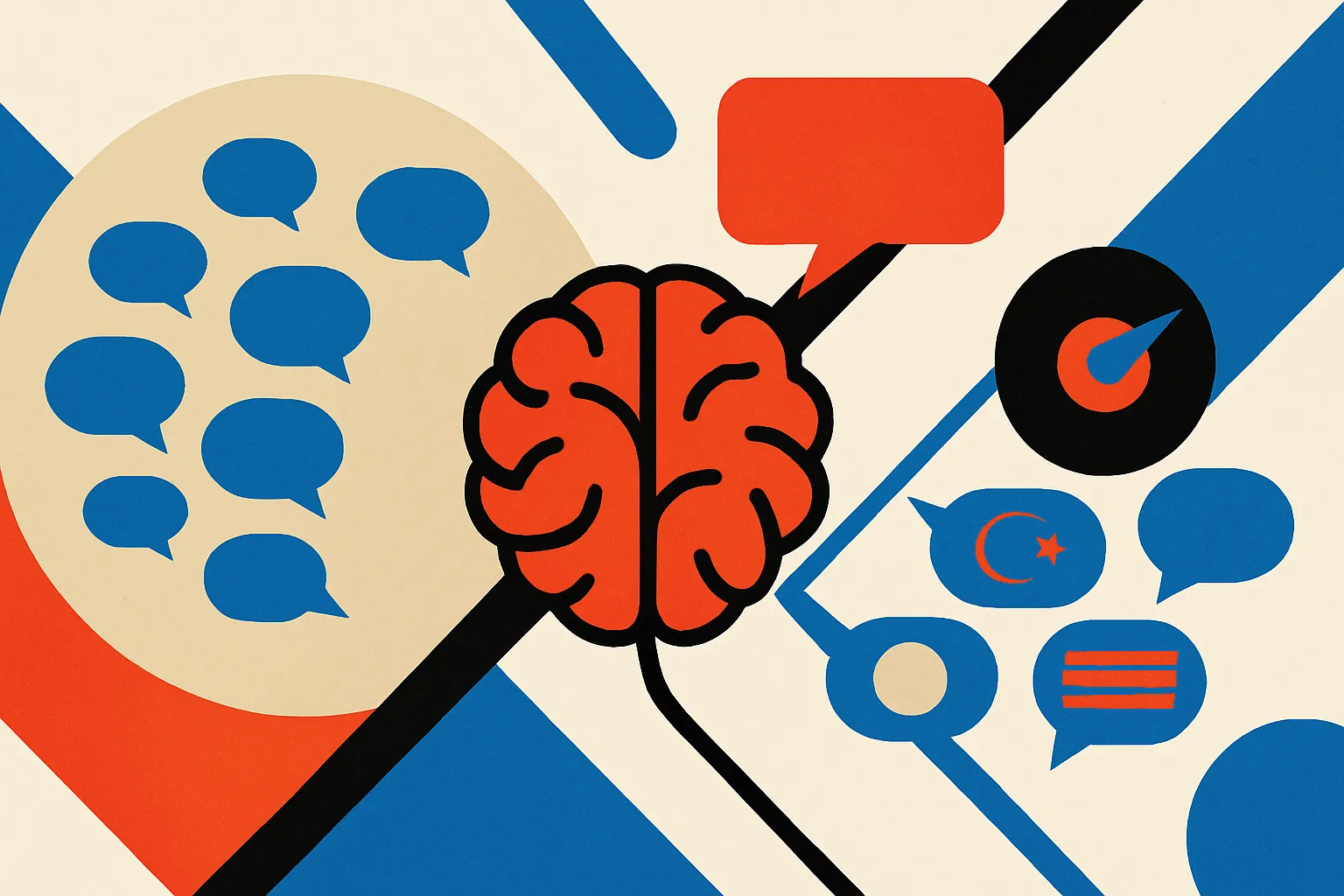 a model brain splitting into two paths, one path calmly absorbing many different speech bubbles, the other path first em