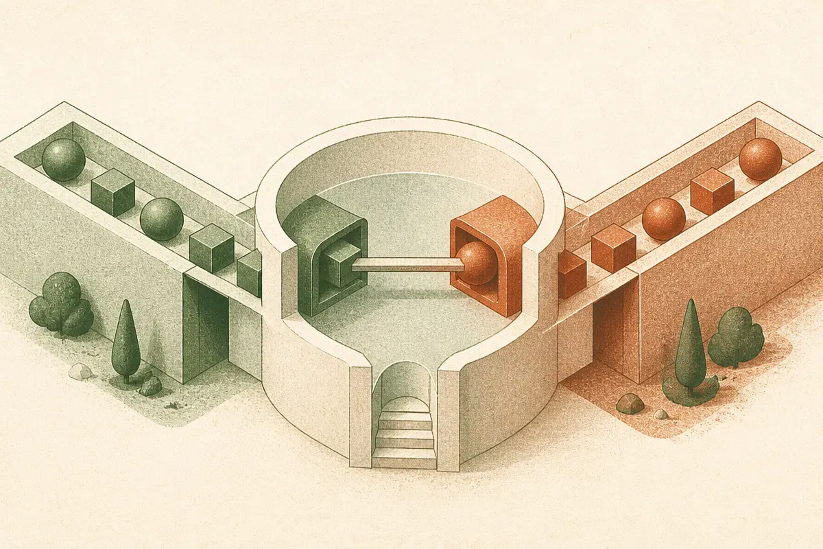 two separate streams entering one shared chamber, with only one narrow bridge clearly connecting matching internal shape
