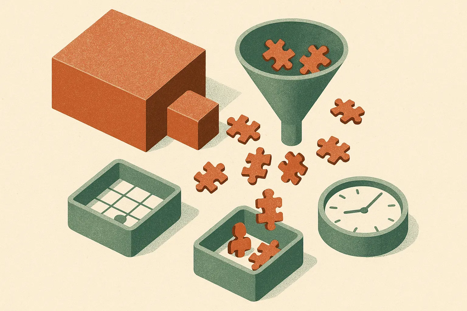 small reusable puzzle pieces flowing into different task-shaped containers while one large rigid block fails to fit