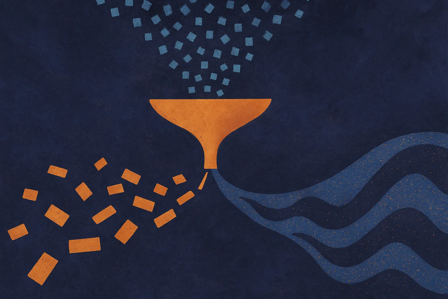 a funnel of many possible model outputs passing through a shaped bowl, then splitting into two streams, one showing scat