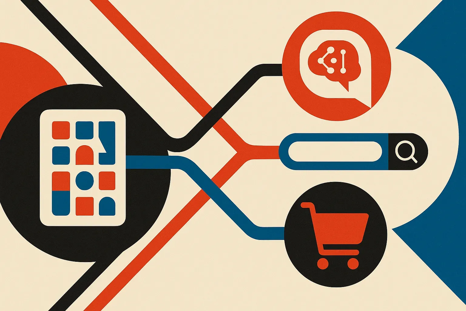 a product catalog feeding into three paths: an AI answer bubble, a classic search page, and a shopping cart, all connect