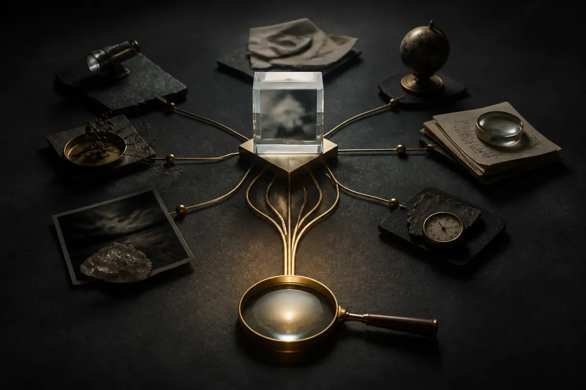 an ambiguous social post in the center with branching paths to surrounding context signals that converge into one carefu