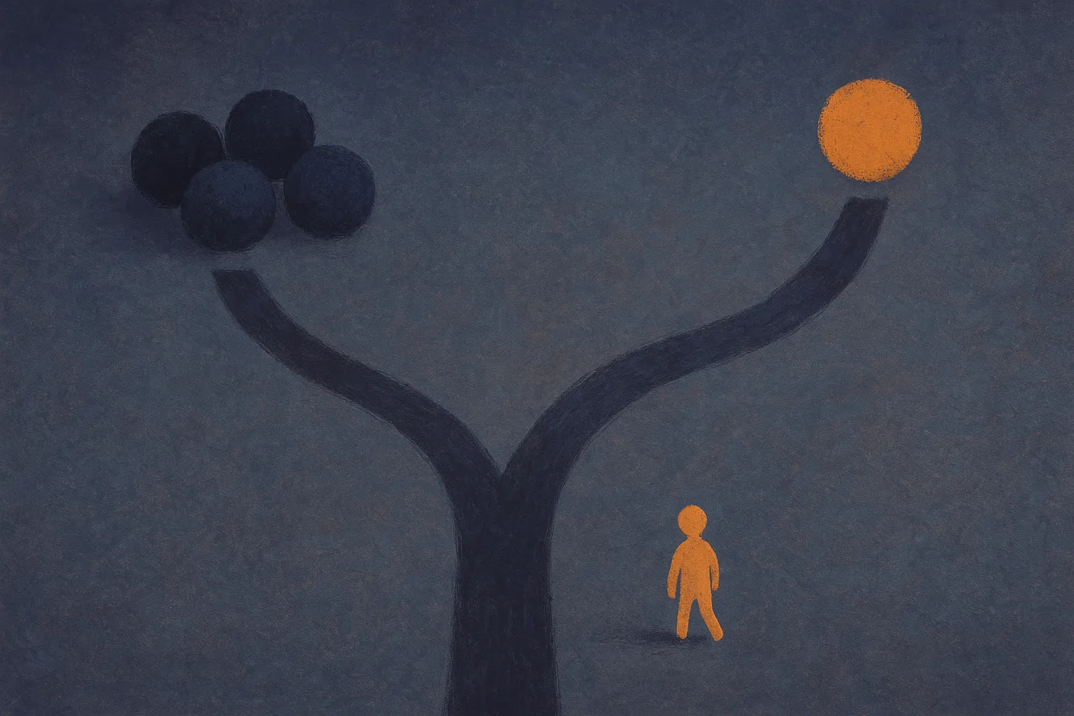 two similar paths beginning together, then one bending away as a small agent chooses between nearby collected experience