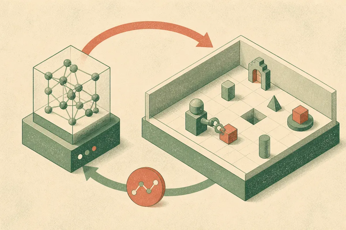a model repeatedly taking actions inside a contained simulated workspace while a feedback loop returns to the model
