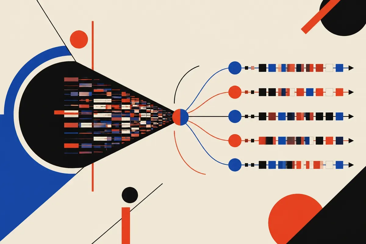 compressed memory state with a few bright preserved fragments feeding repeated token updates