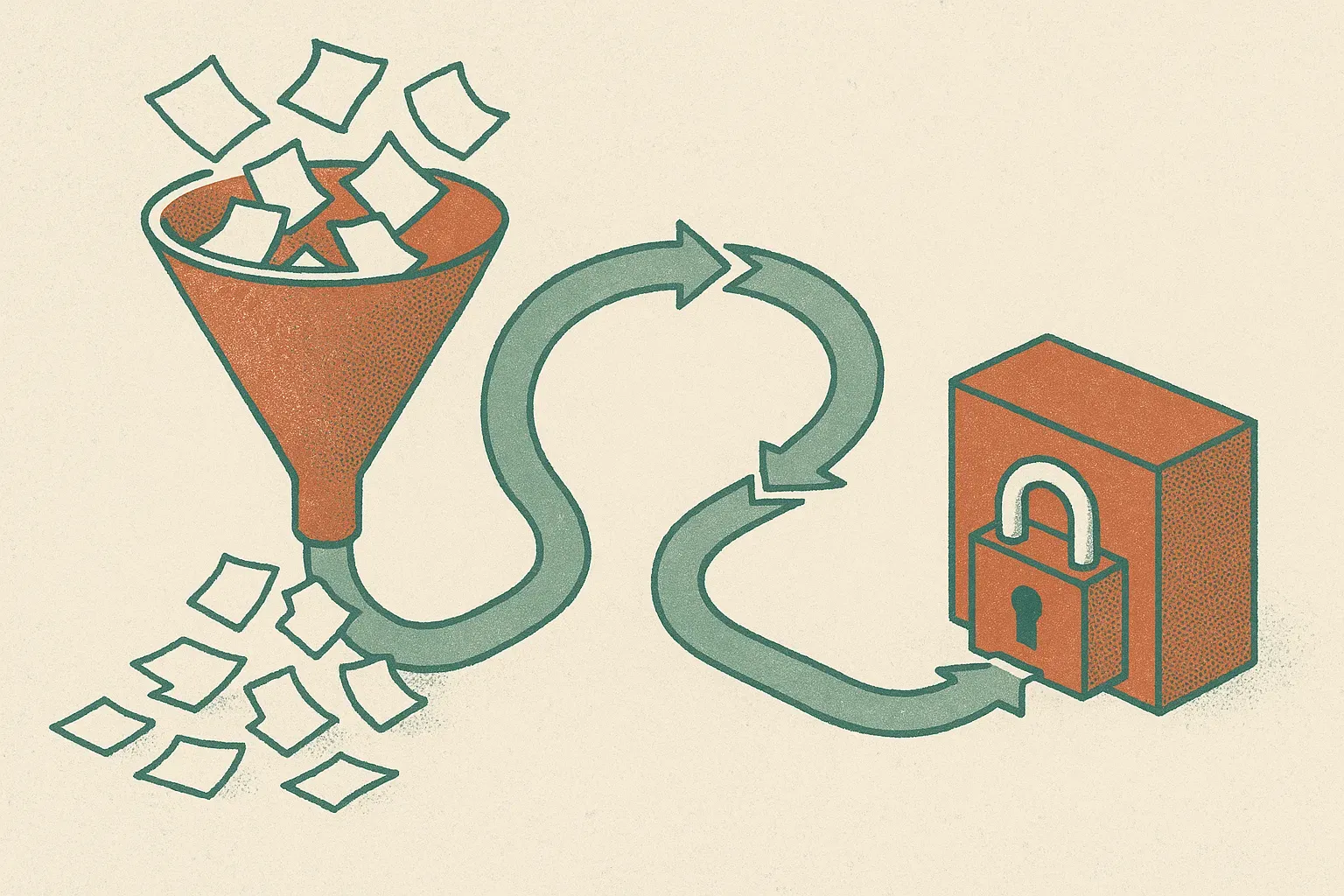 funnel of many rough experiment attempts flowing into a feedback loop that redirects some attempts toward a protected fi