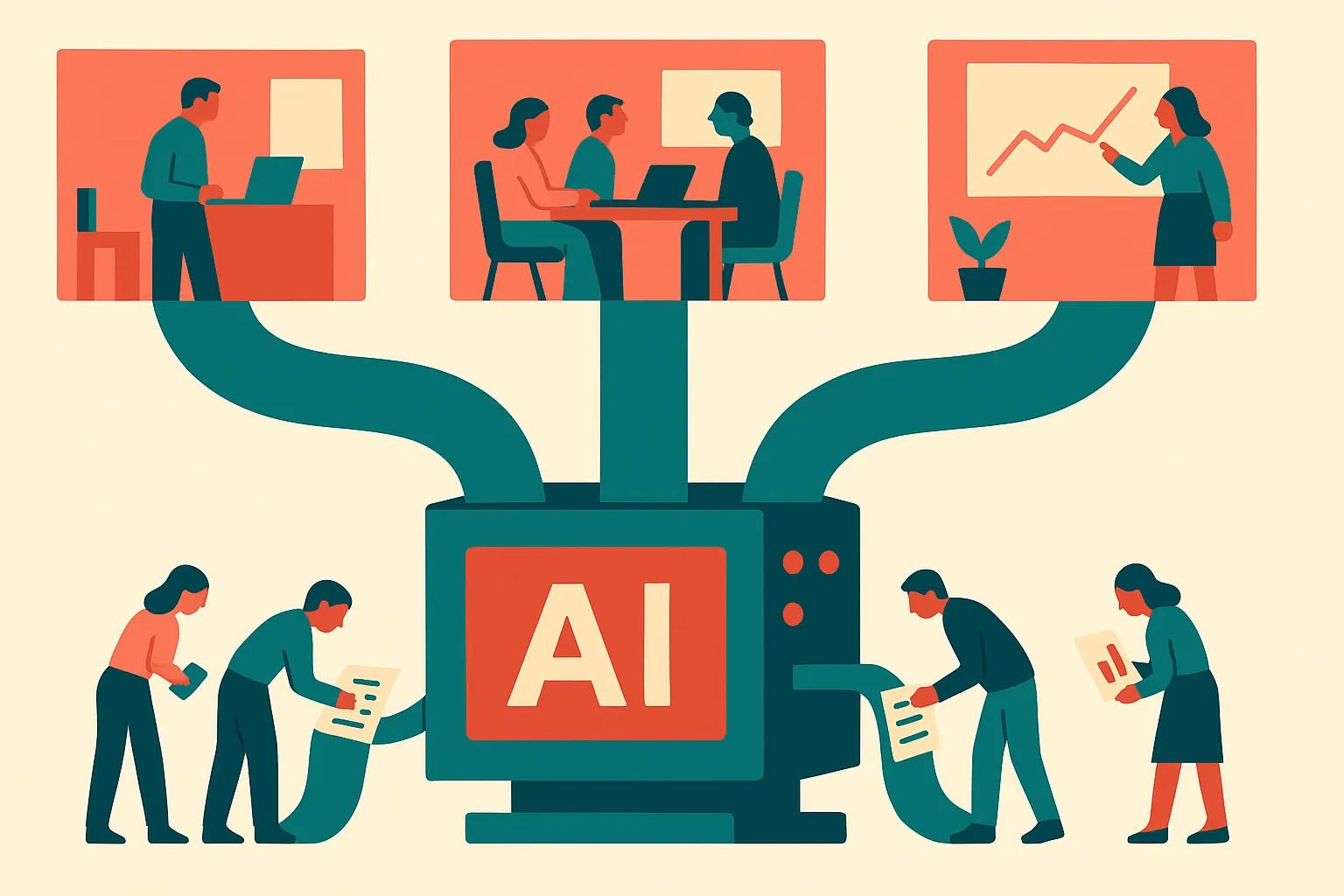 three distinct streams flowing from separate office-like scenes into a shared central machine, with small human figures 