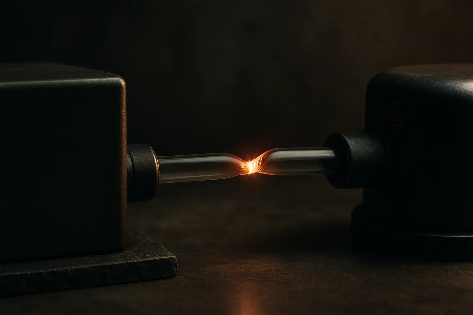 a thin fragile pipe connecting two large sealed machines, with the joint where they meet under strain