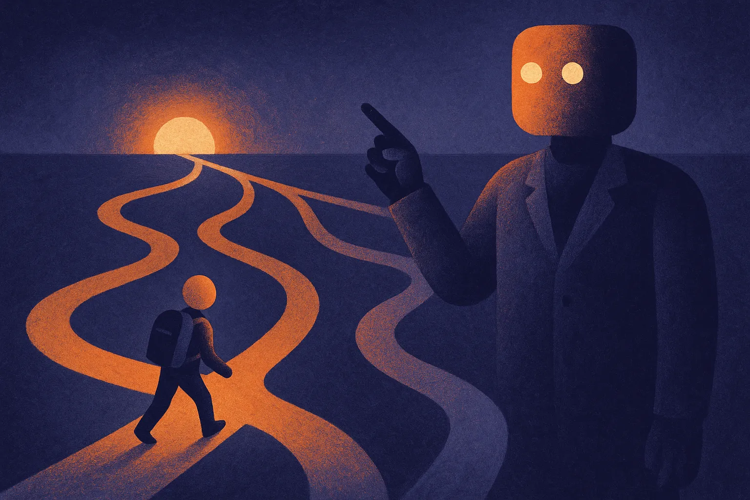 a small student agent walking its own winding path while consulting a larger expert guide, with multiple possible paths