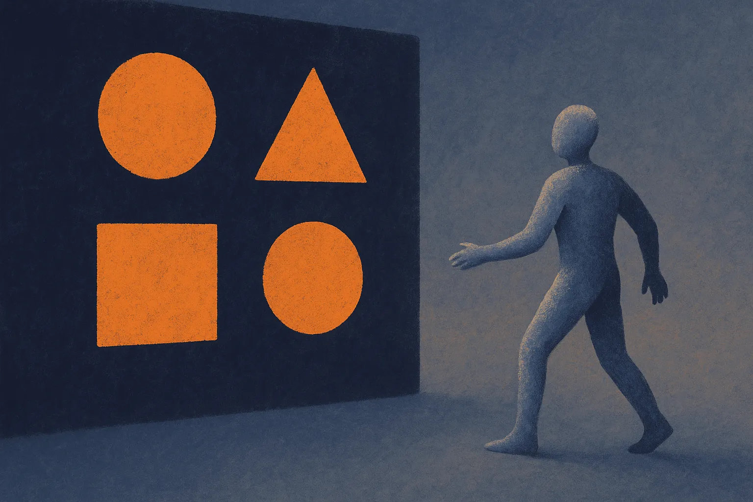 a frozen figure facing an unfamiliar wall of shapes, versus the same figure adjusting its stance after each attempt