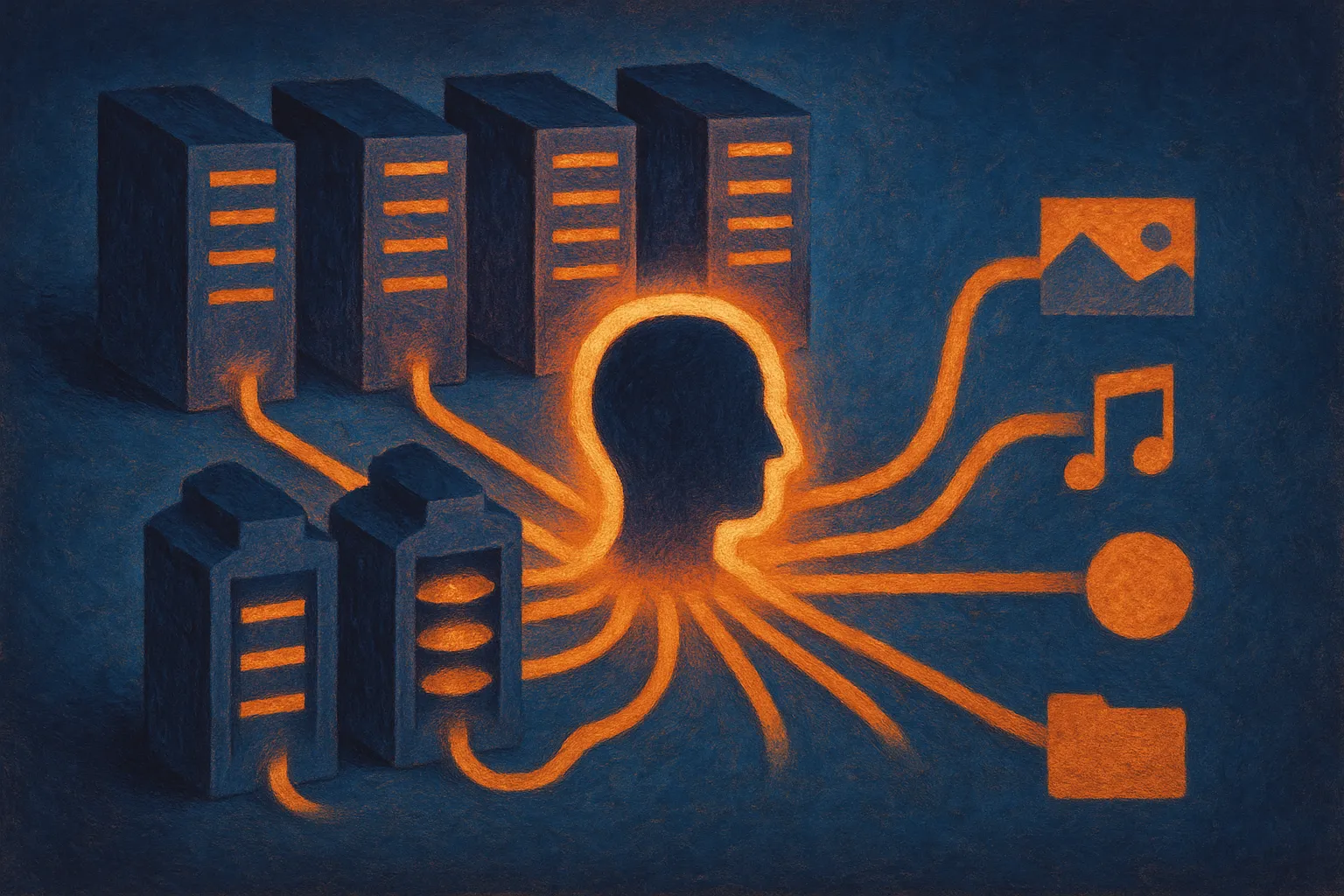 rack of separate glowing compute islands feeding into one central agent core, with small side streams for memory, images
