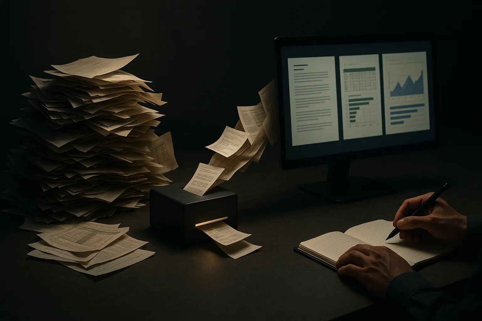 messy piles of documents, spreadsheets, and web pages flowing through a small machine into a clean analyst workstation w