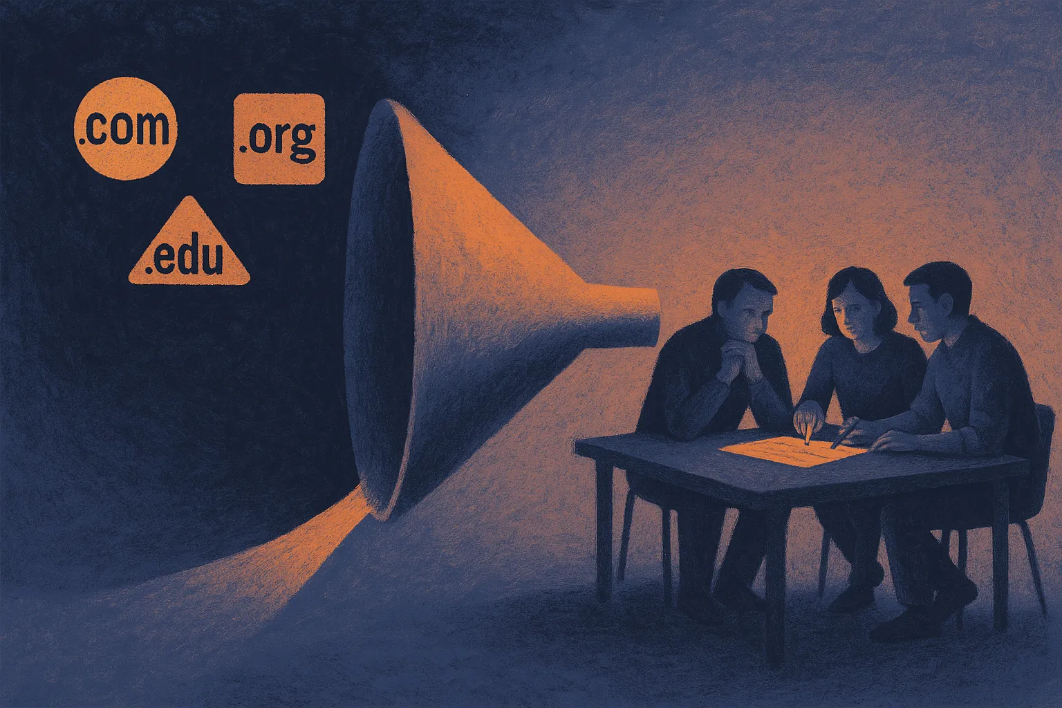 three different domain types moving through a marketplace funnel toward a small group of builders evaluating product ide