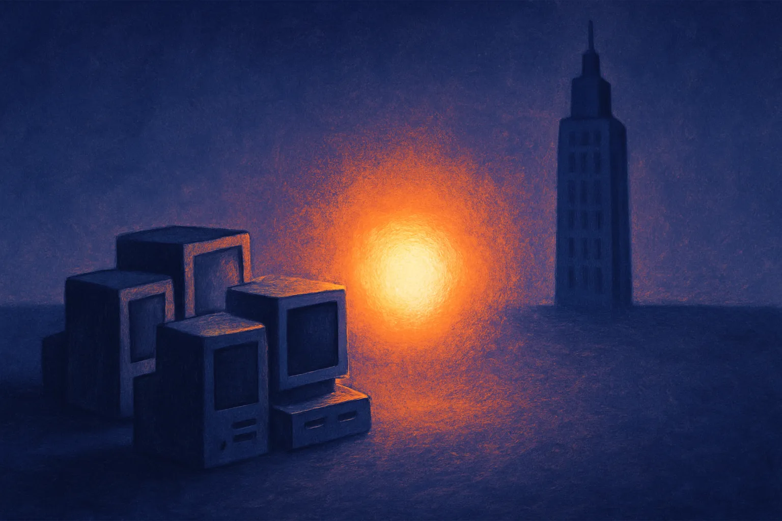 a cluster of small local machines facing a large distant model tower, with a new bright object emerging between them