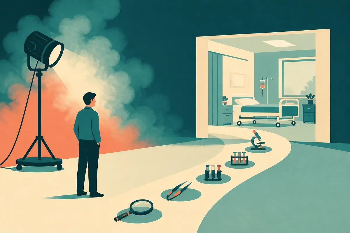 one person standing beside a smoky theatrical spotlight while a separate path of small clinical tools leads toward a hos