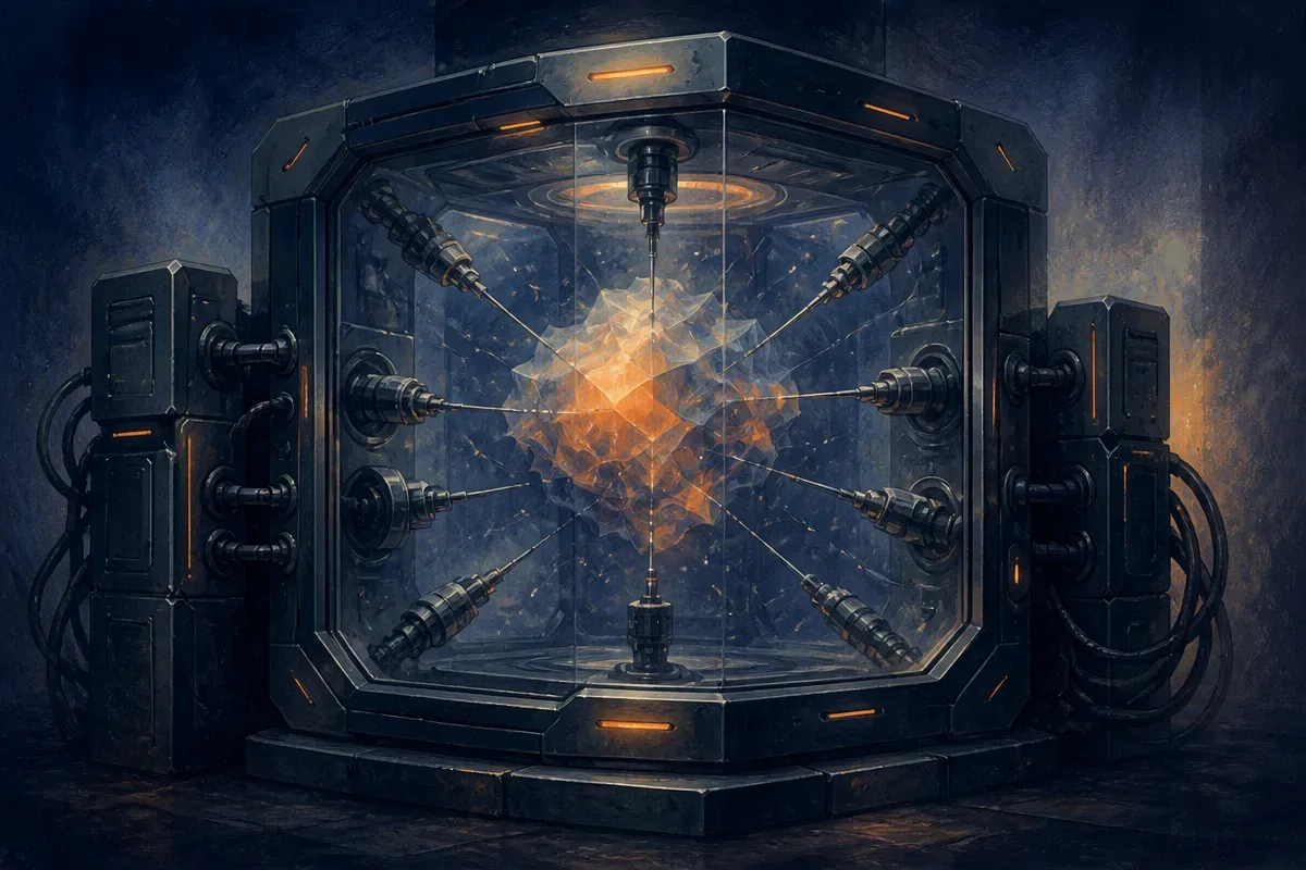 secure testing chamber surrounding a shifting model core with many small probes entering from different directions