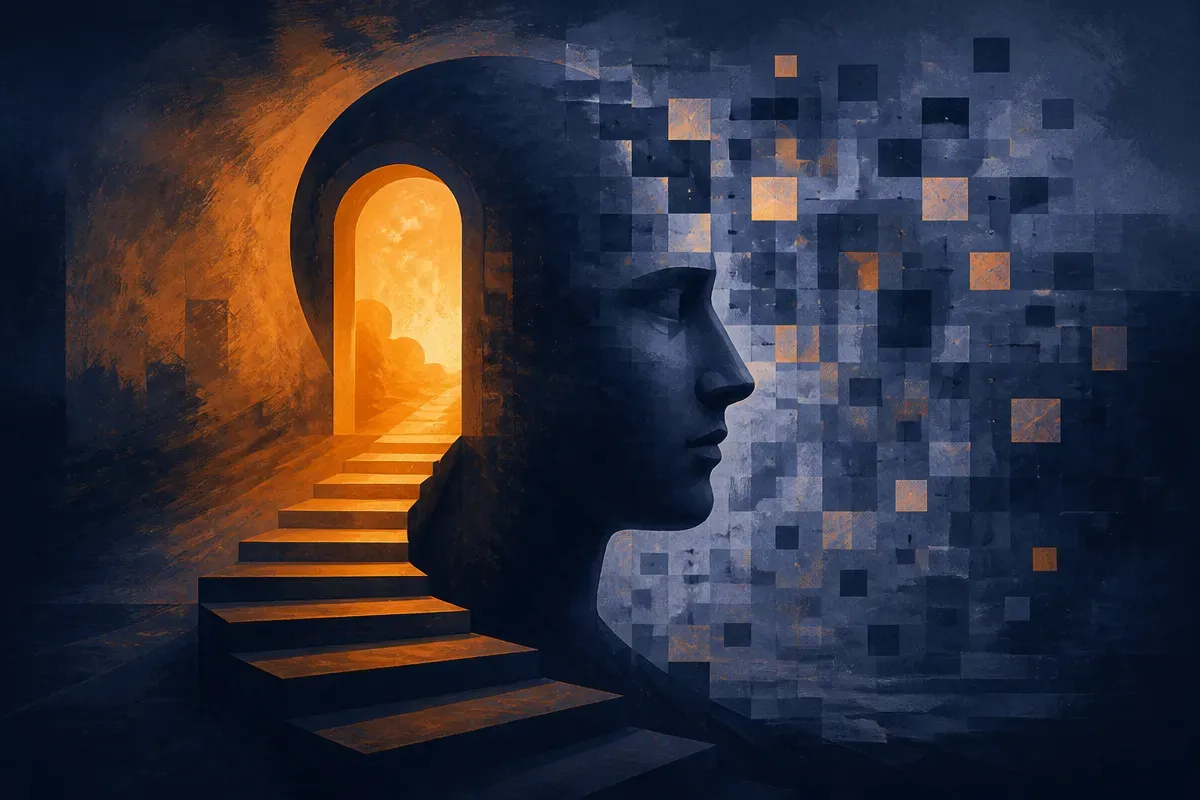 a single image with two layers, one visual and one textual, pulling a viewer's attention in different directions