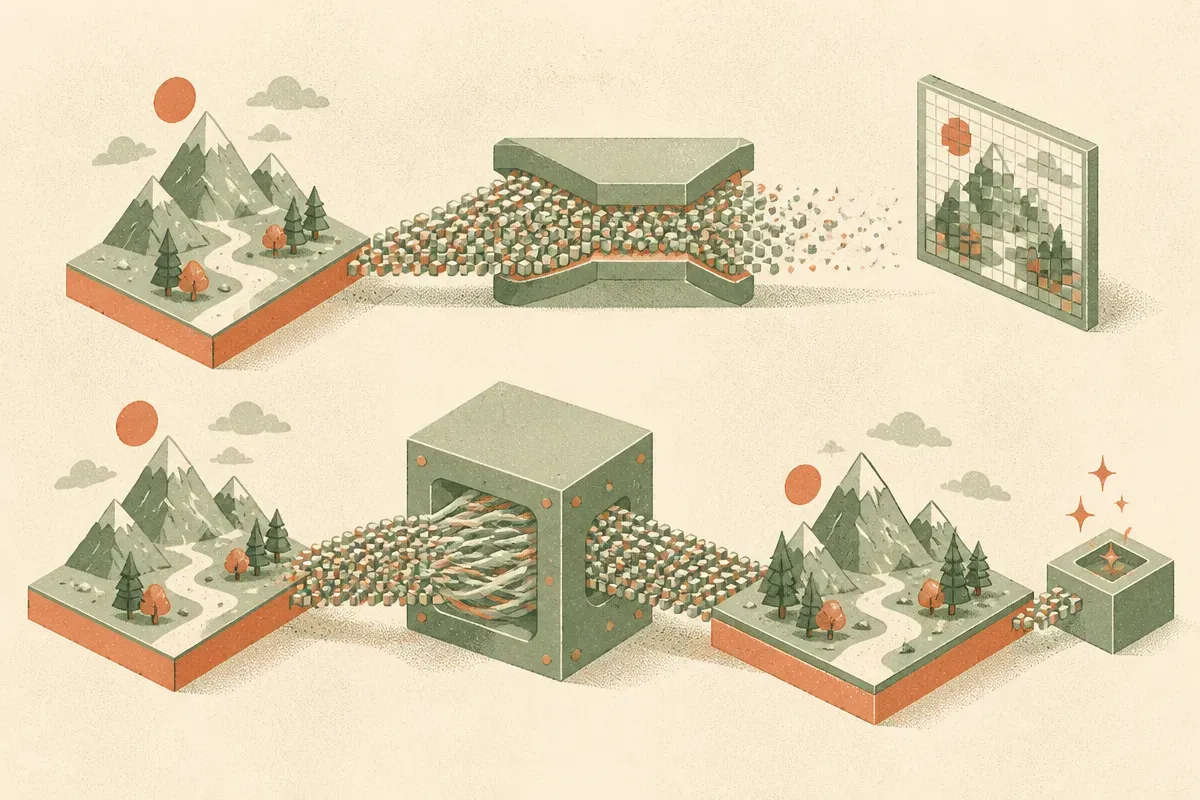 two generation paths side by side, one squeezing through a narrow compressed middle stage and one flowing directly throu