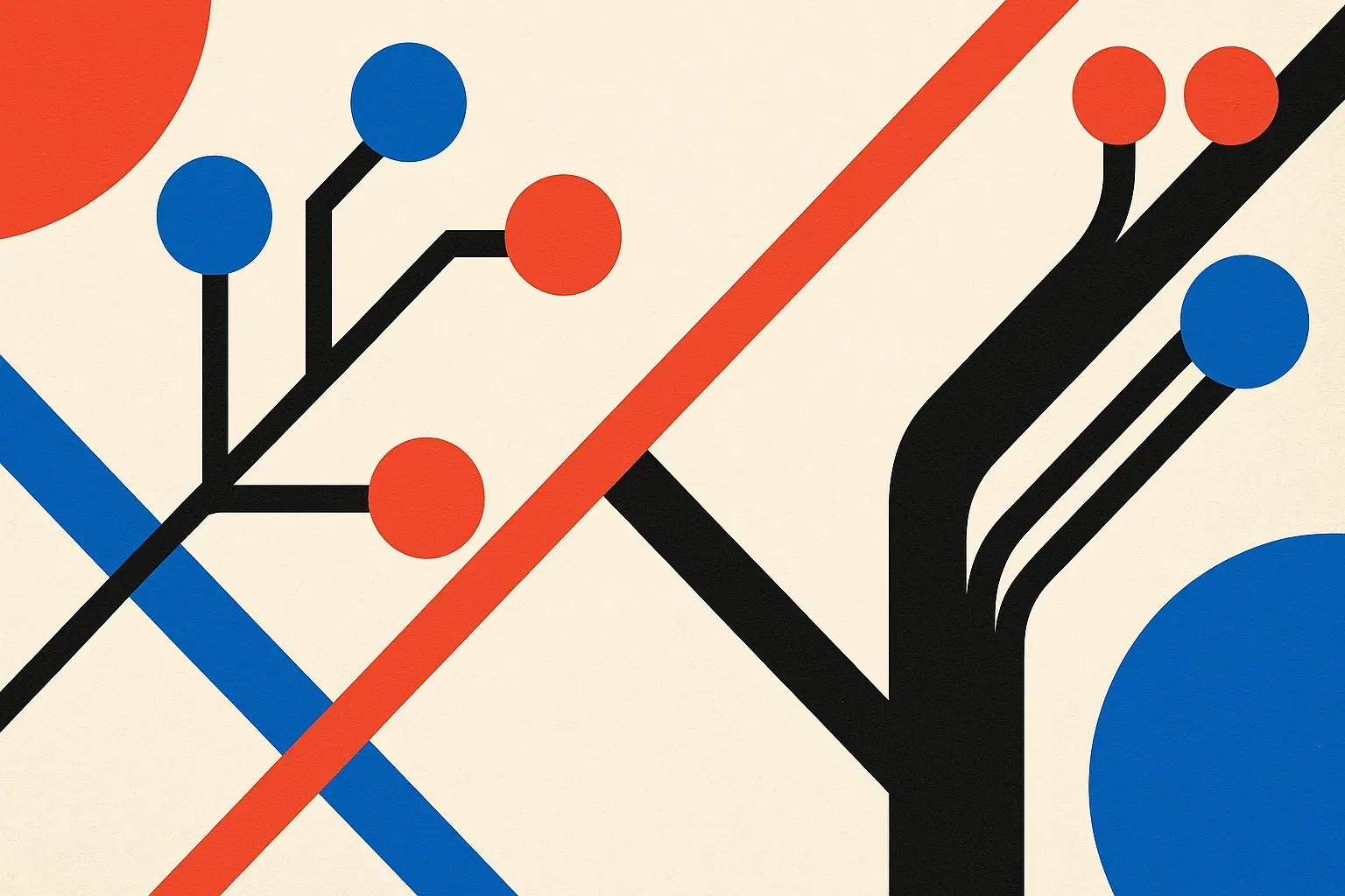 a physical branching path with many possible endings on one side, contrasted with generated paths repeatedly clustering 