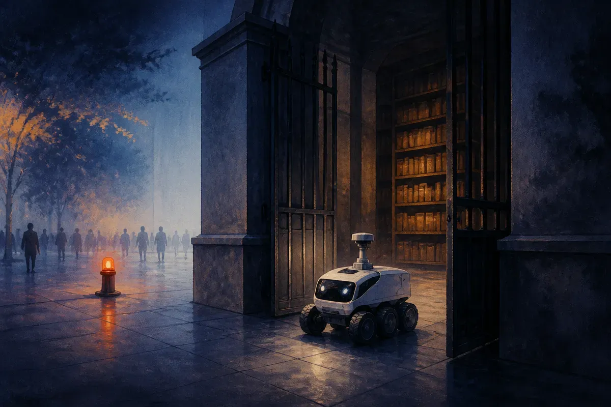 an autonomous agent as a small rover moving from an open public area through a partially open gate into a restricted arc