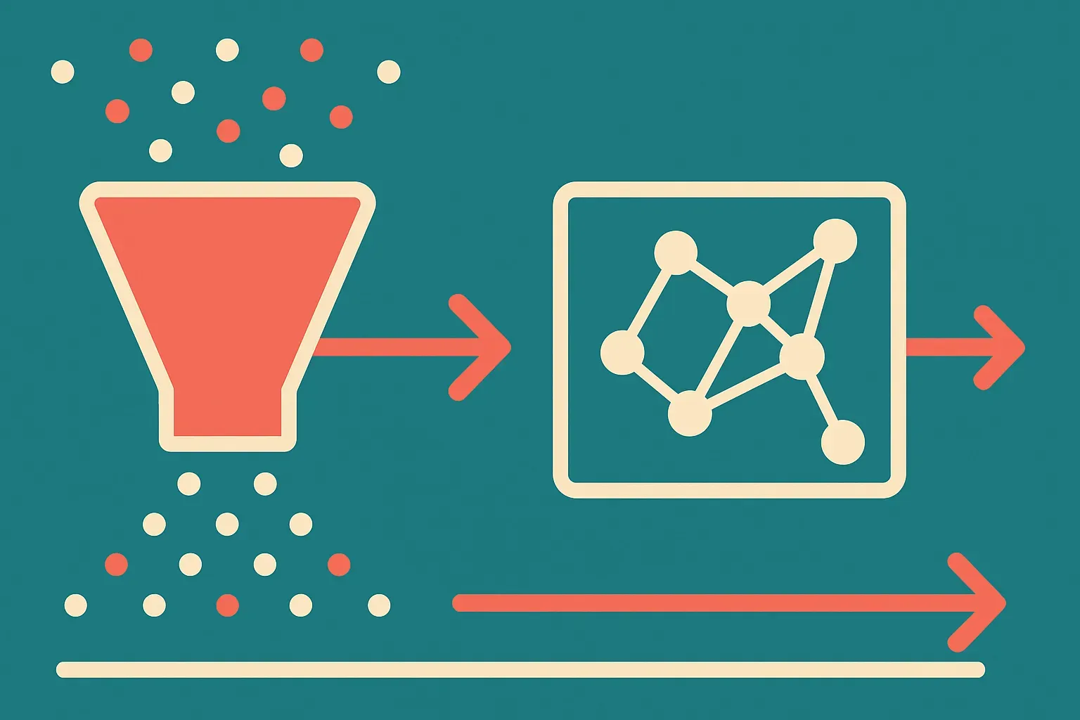 two connected modules, one filtering a noisy stream of dots into a clean subset, the other projecting a network of linke