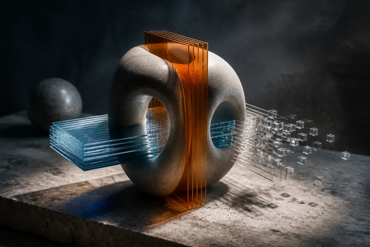 three translucent slice stacks crossing through one continuous 3D object, contrasting compact overlapping sheets with sc