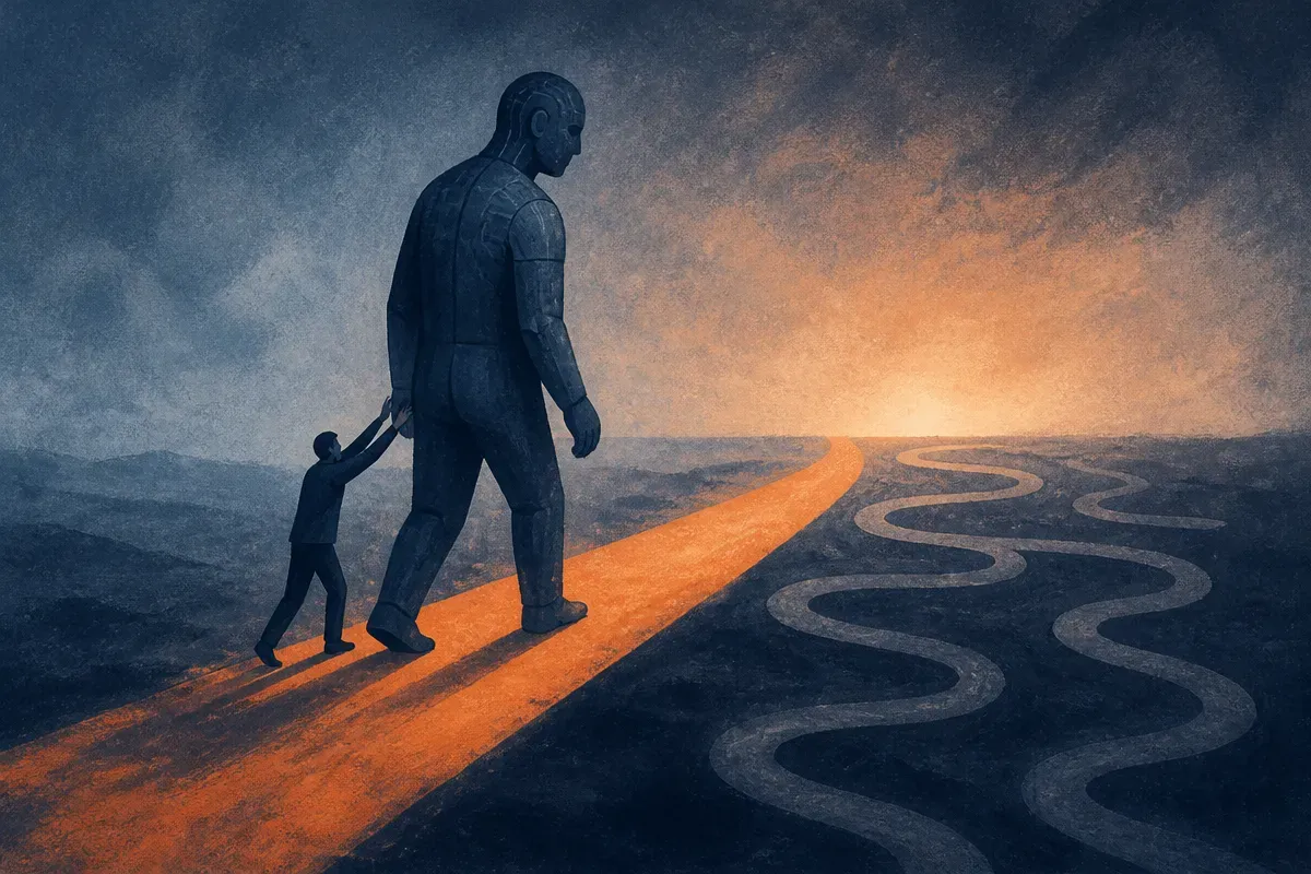 a small guiding figure nudging a much larger figure along a shorter path while the larger figure's default winding path 