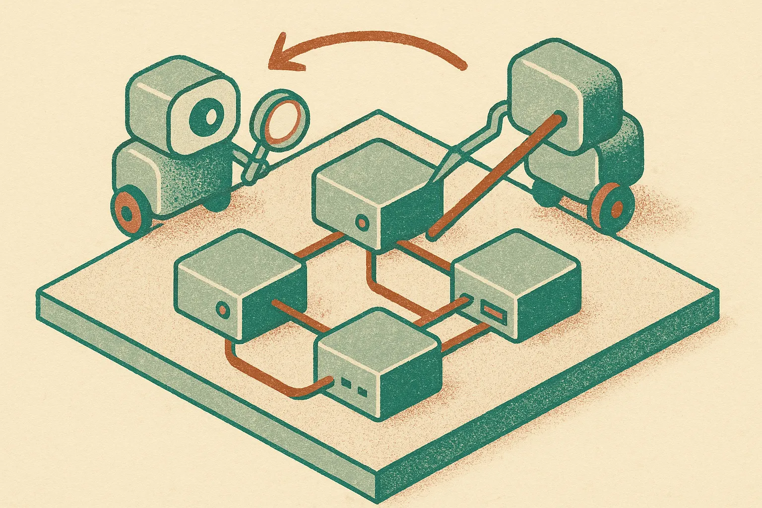 two small machine-like agents taking turns inspecting and probing a cluster of connected devices, with a loop between di