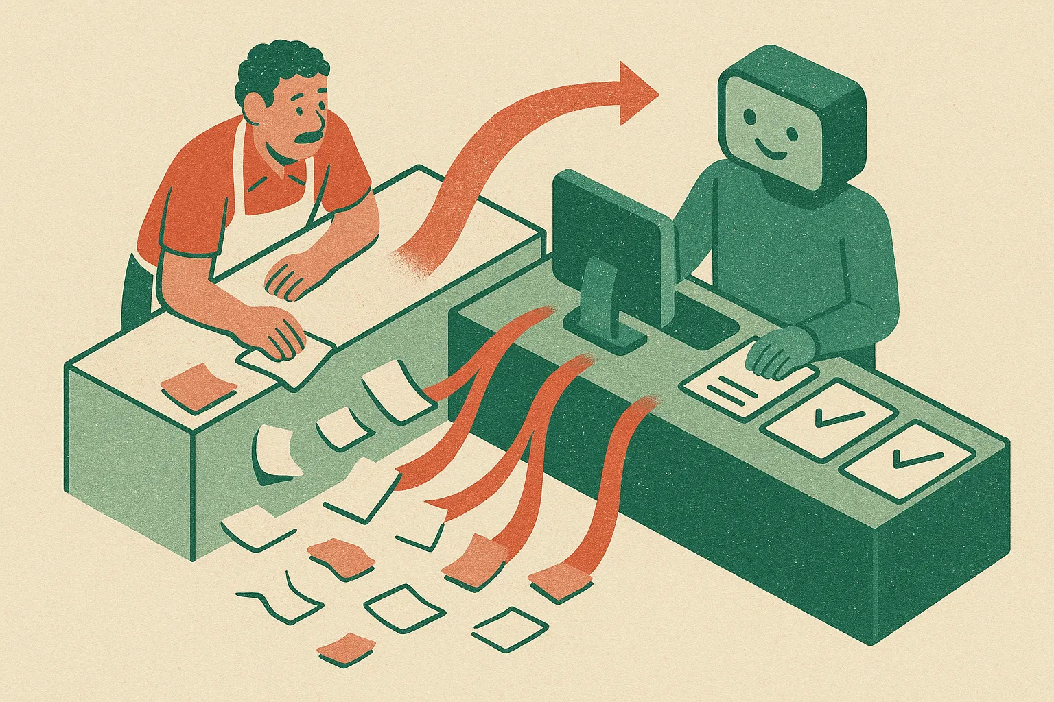 small shop owner at a counter with scattered papers, messages, and receipts flowing into one organized assistant workspa