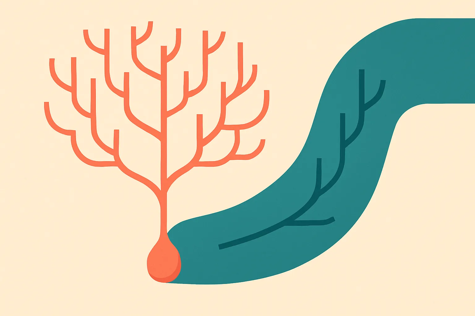 one small seed branching into many paths, with a slower second stream gradually absorbing the branching structure