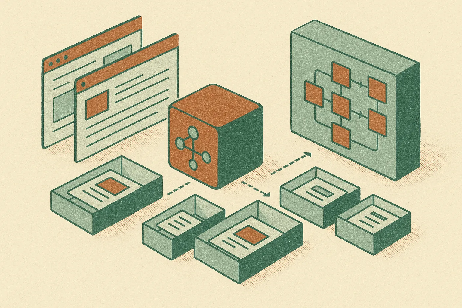 an agent runtime sitting between several messy web pages and a structured workflow engine, with isolated compartments su