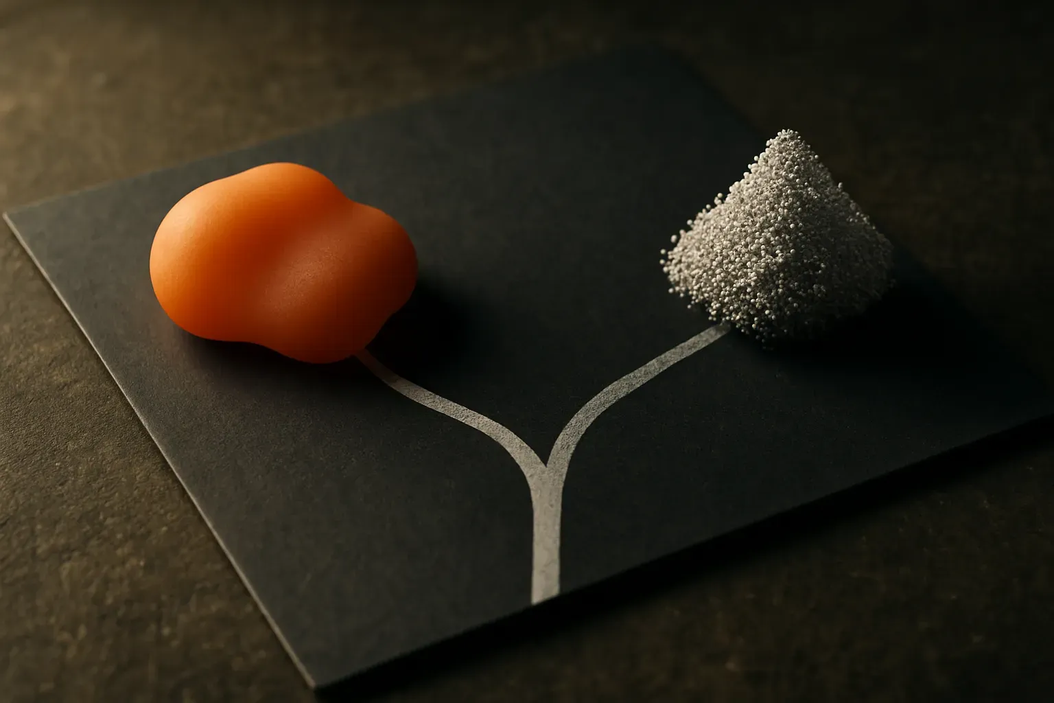 a detailed flat image splitting into two paths, one path becoming a soft abstract blob and the other becoming a crisp sp