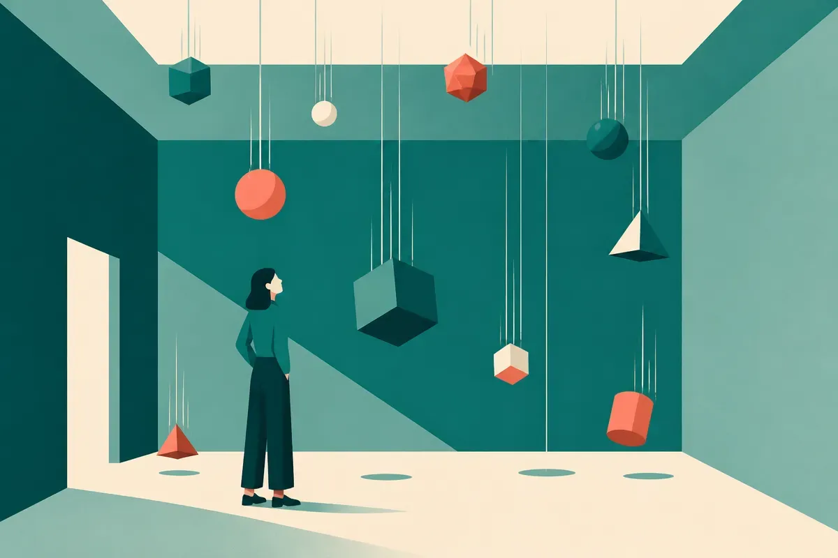 a figure standing in a room where falling objects drift down at odd, uneven speeds, noticing one of them