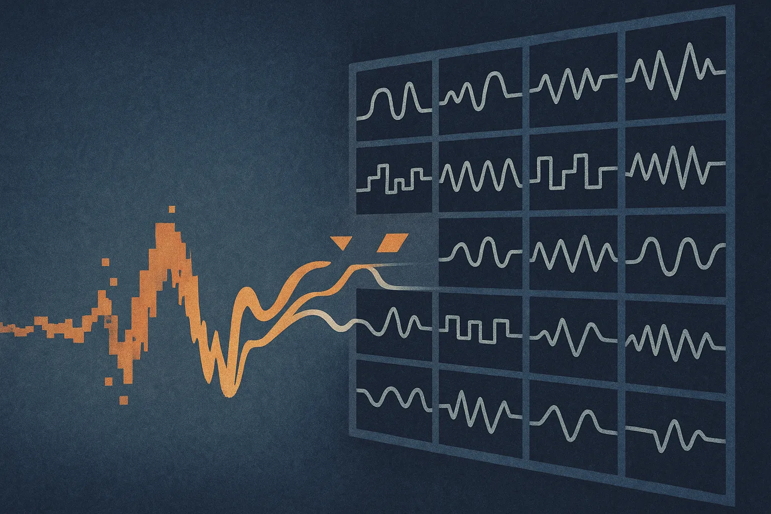 corrupted time series fragment reaching toward a library of complete historical patterns, with a few matching shapes flo