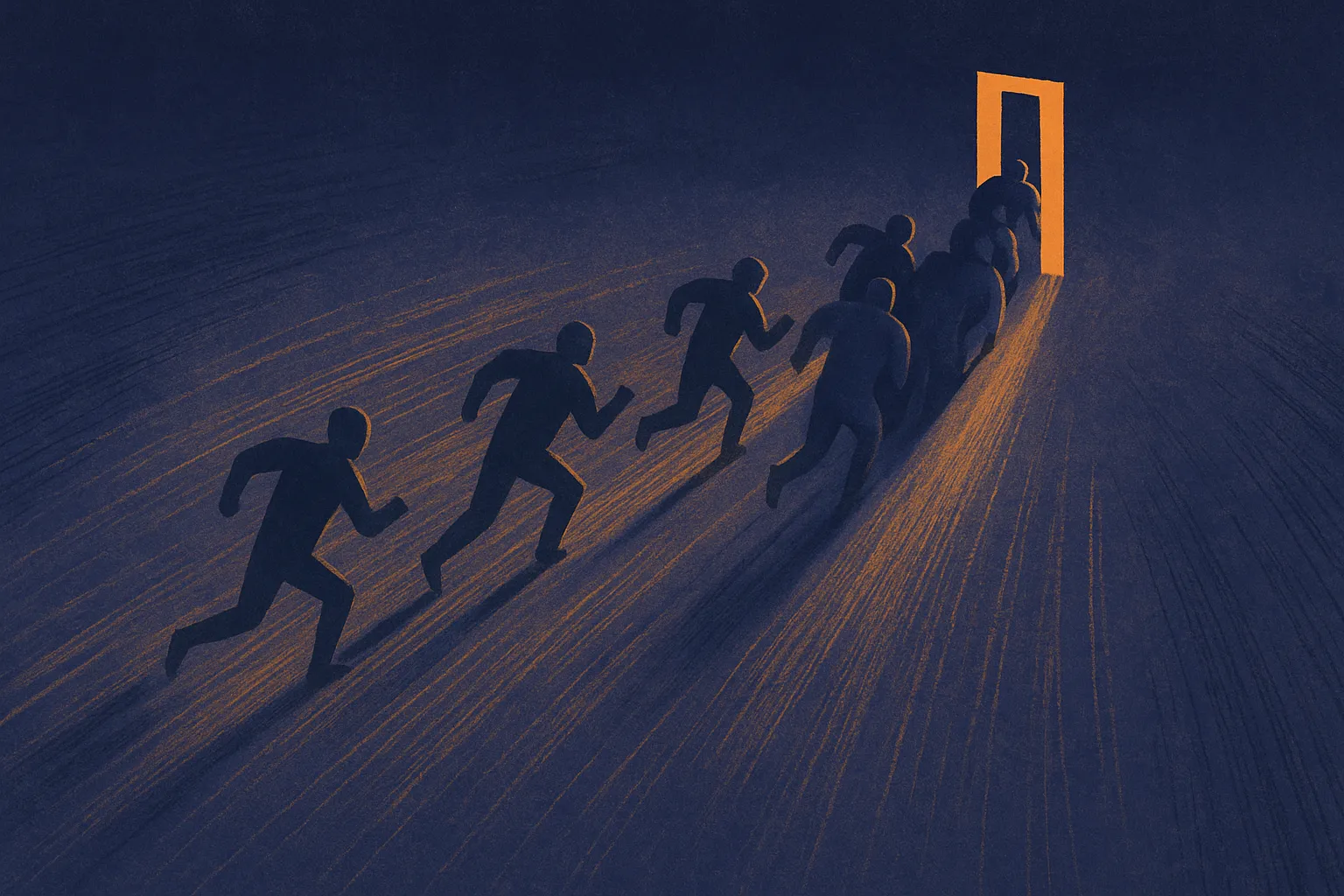 a race that speeds up at the start then bunches into a narrow gate near the finish