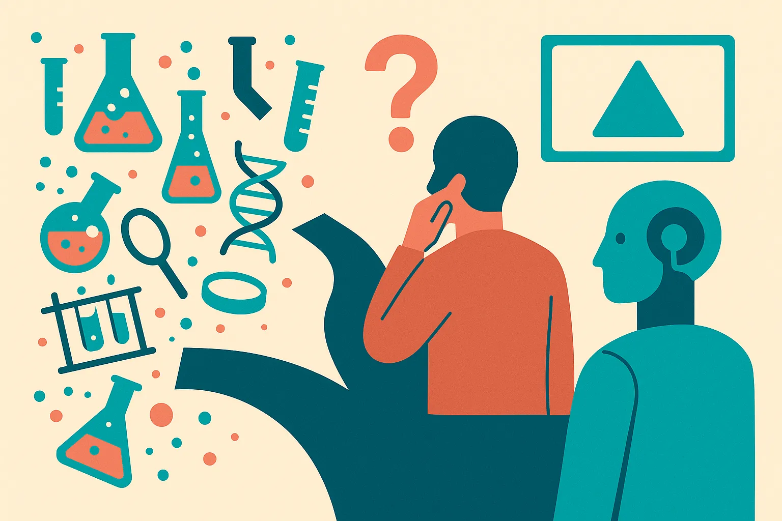 messy lab artifacts flowing toward a forked decision path, with a human and an AI looking at different visual cues