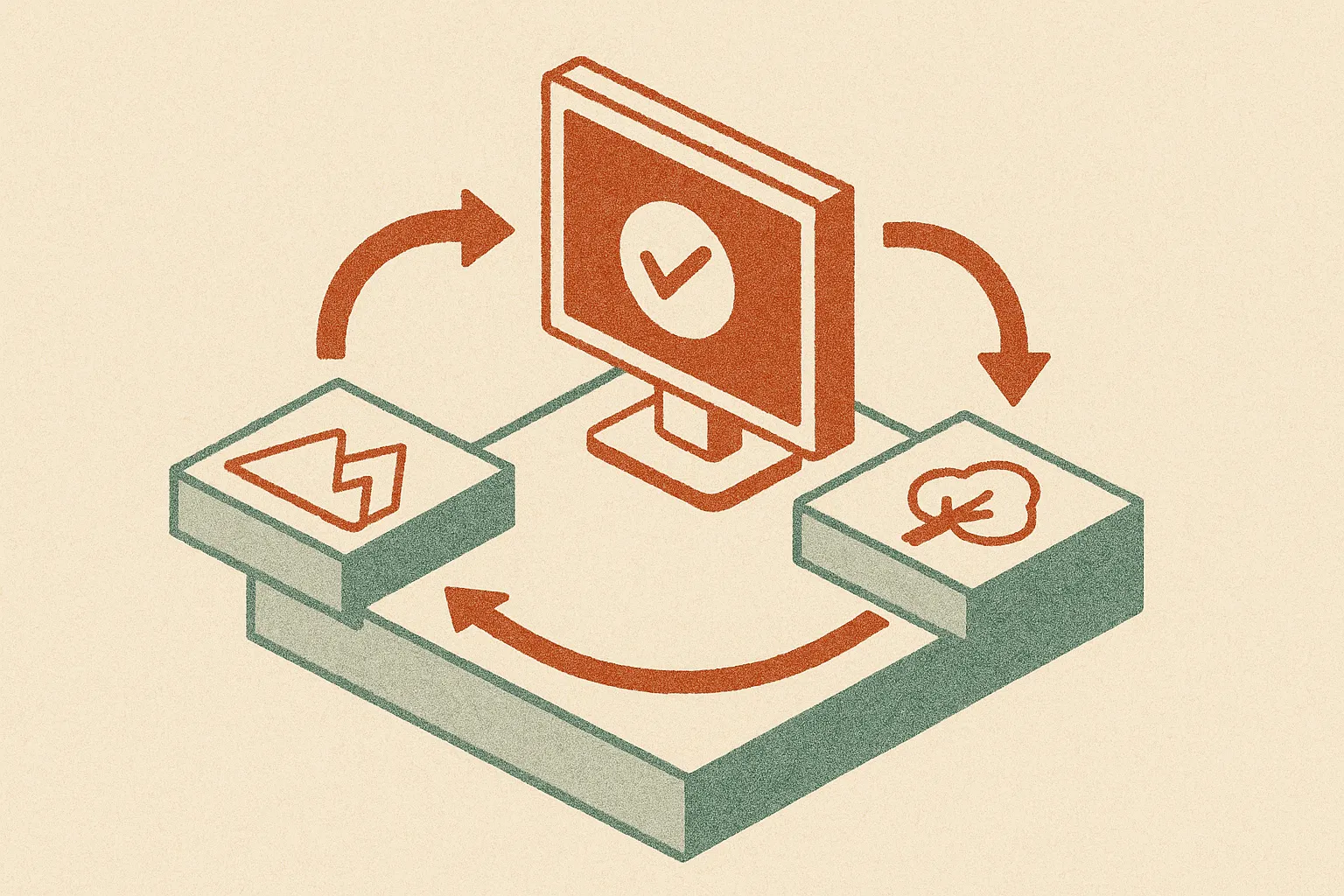 an abstract model workspace where a sequence of evolving visual scenes loops through a verifier and feeds back into the