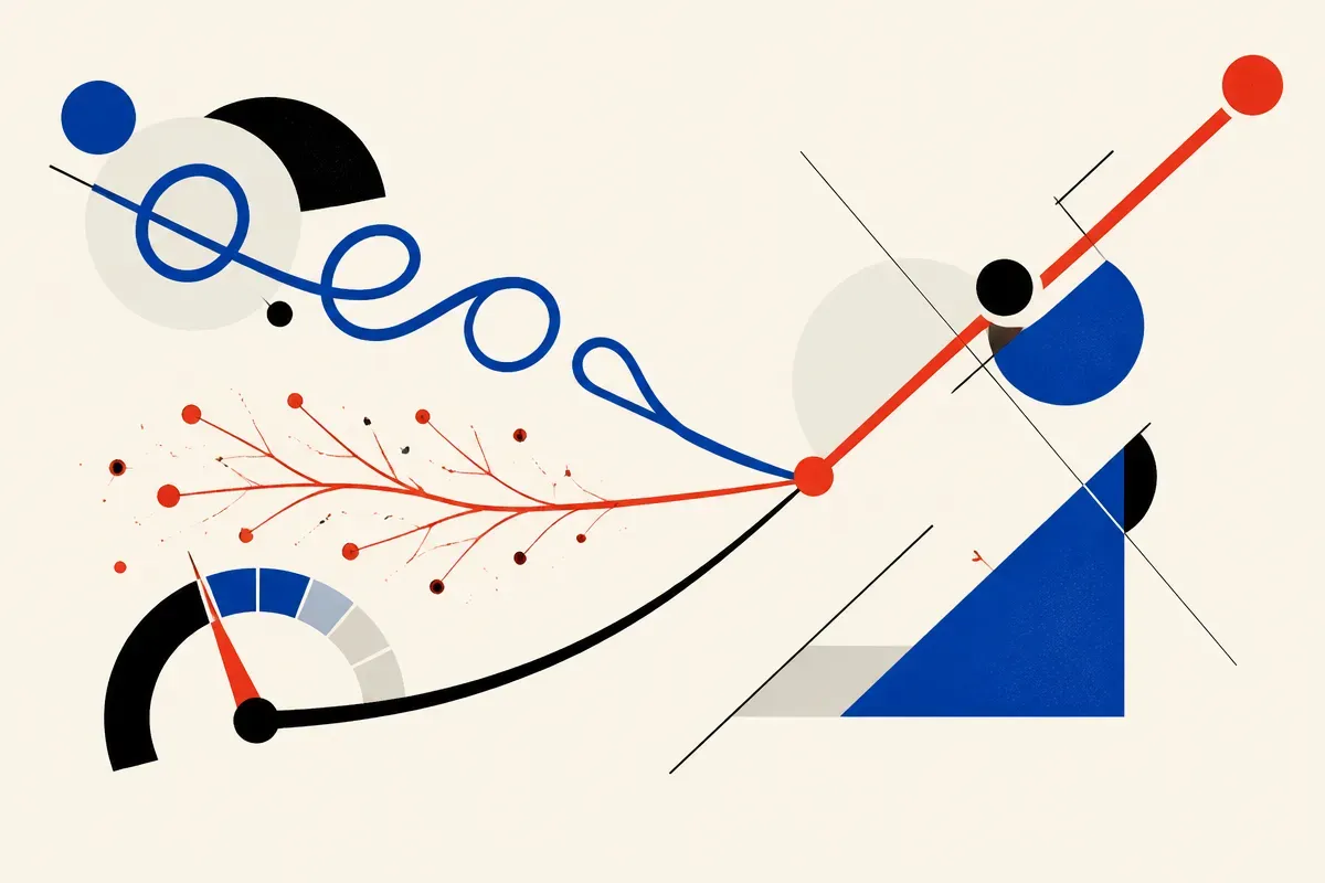 three separate paths converging toward a single rising line, one path made of loops, one of branching sparks, one of a s