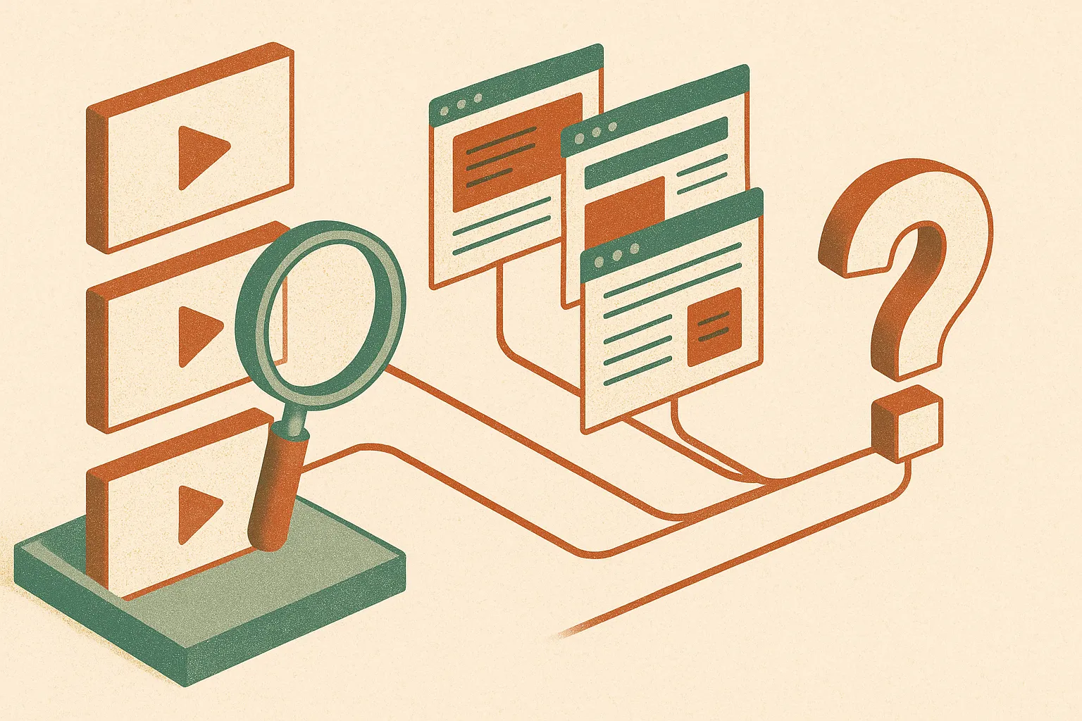 video frames being inspected first, then branching into web pages, then converging into one final answer