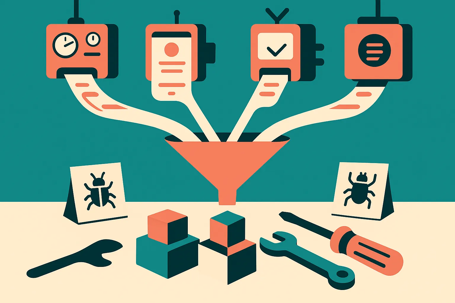 four different machines producing similar app screens that pass through a narrow funnel into a cluttered workbench of bu