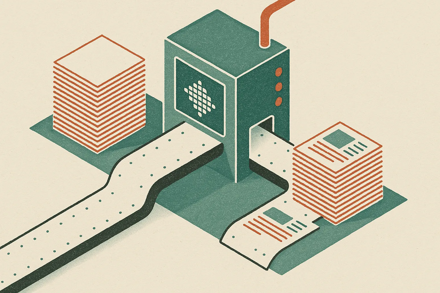 a content factory conveyor belt splitting into two paths, one pile of identical pages and one smaller set of carefully a