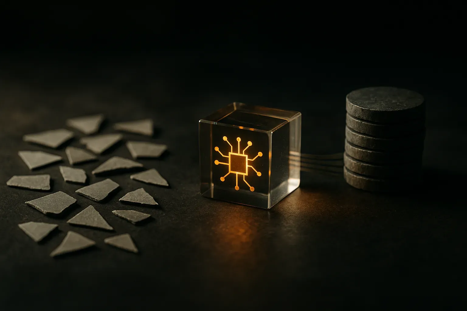 a small model core surrounded by scattered reasoning fragments on one side and a compressed organized memory stream feed