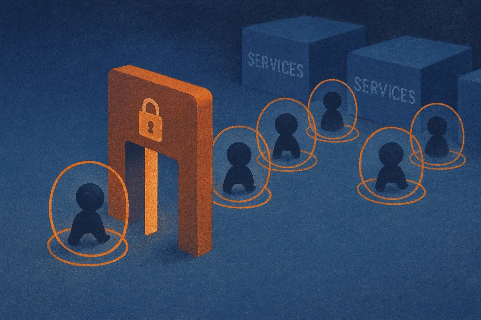 small autonomous software agents passing through a narrow payment gateway into separate services, with a visible permiss
