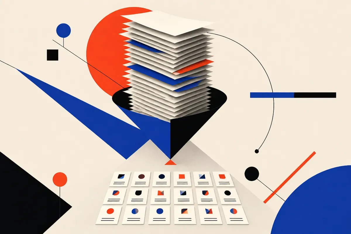 a tall stack of printed pages funneling down into a single organized grid of small labeled cards
