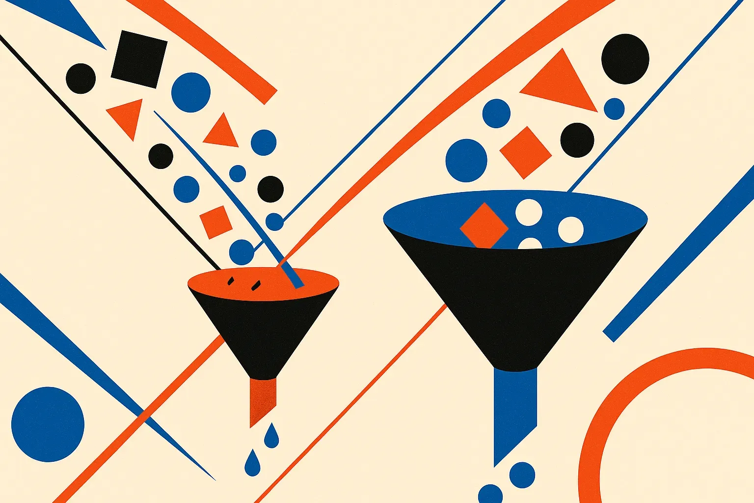 two funnels side by side, one narrow and leaky, one wide and clean, both sorting a stream of small shapes