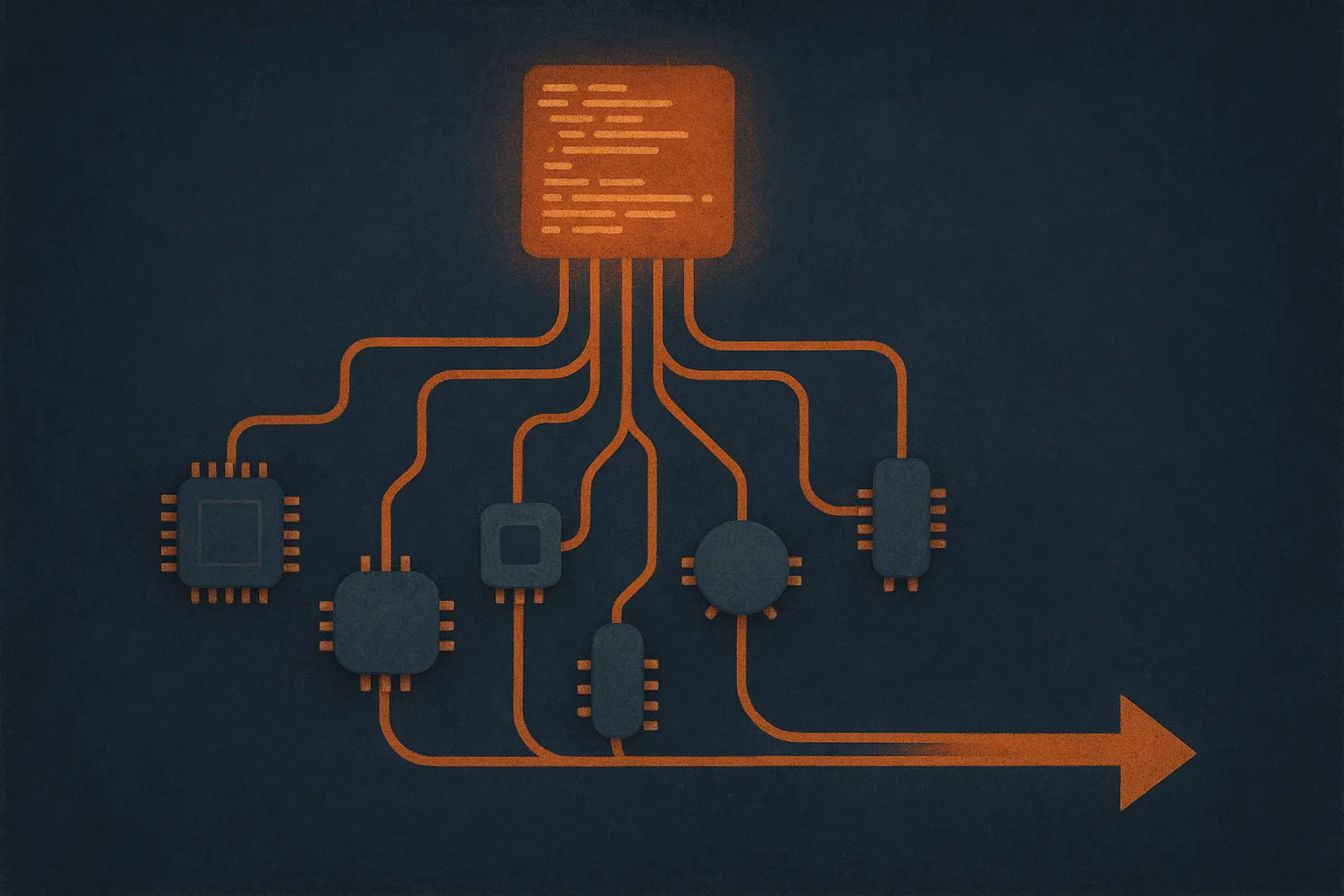 a single glowing block of code being routed through a branching switchboard to many different shaped hardware chips, the